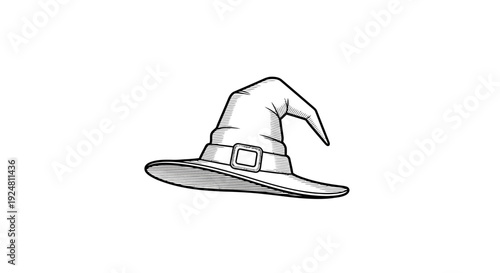 Witch Hat Drawing with Belt Buckle, Black and White Illustration