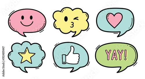 Colorful speech bubbles with various emoticons and messages for communication.