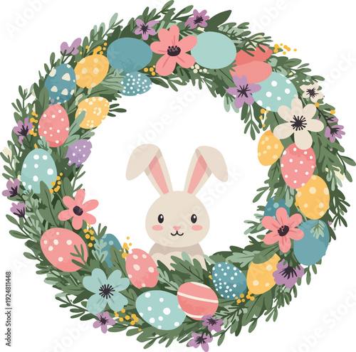Easter Bunny Wreath Spring Flowers Eggs Minimal Illustration Flat Design
