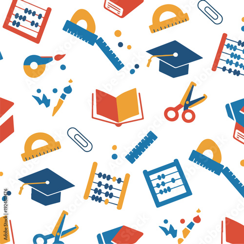 Education School Supplies Pattern Blue Orange Red White Background