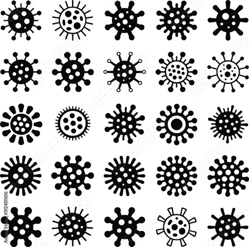 Set of Virus and Bacteria Icons Featuring Various Microbe Shapes Germs Pathogens and Microbiology Cells in Black Silhouette Vector Graphics for Healthcare and Science