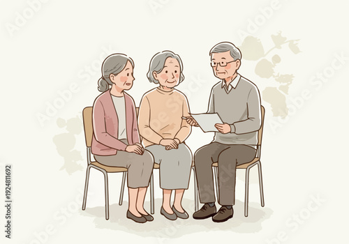 Elderly Couple Consults With Doctor Minimalist Illustration Neutral Background