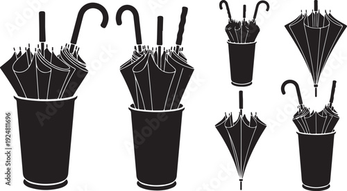 Black umbrellas in buckets on white background illustration set