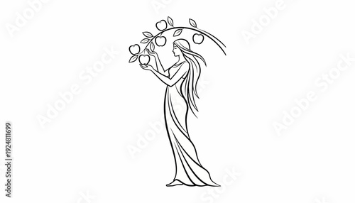 Woman Picking Apples from a Tree Branch, Elegant Figure in Flowing Gown, Harvest Symbolism