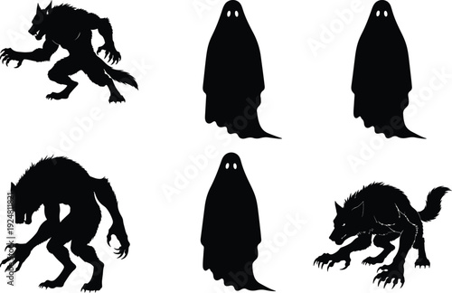 Mythical creatures in silhouette: varied forms of shadowy beasts