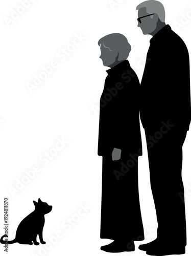 Elderly Couple Silhouettes With Small Pet Cat Minimalist Vector Art