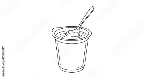 Yogurt Cup with Spoon, Healthy Breakfast Food, Simple Line Art Illustration