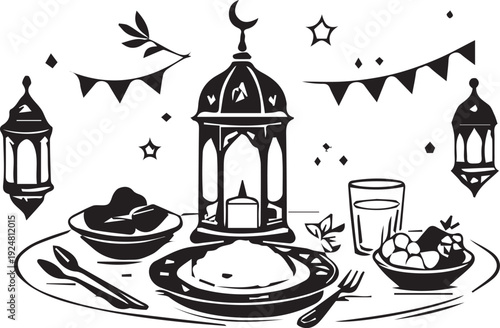 A black and white illustration depicts a joyful Iftar table setting featuring food, drinks, a grand lantern, crescent moon, stars, and celebratory bunting.