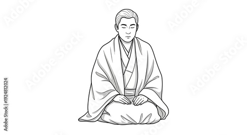 Zen monk meditating in traditional Japanese attire, serene mindfulness, peaceful contemplation
