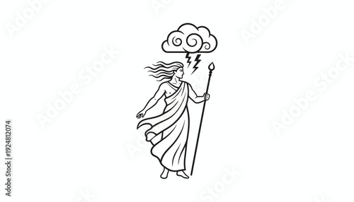 Zeus Greek God Thunderbolt Cloud Lightning Staff Outline Drawing