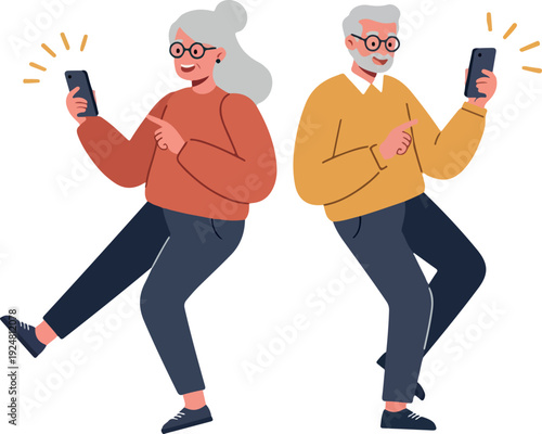 Elderly Couple Smiling Using Mobile Phones And Touching Screen