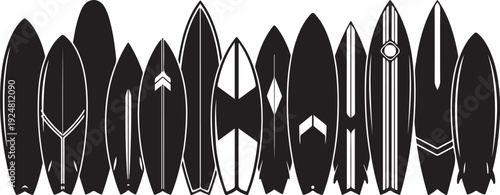 Collection of various surfboards in black and white colors