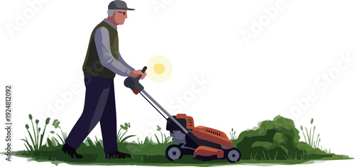 Elderly Man Mowing Lawn Green Grass with Orange Mower Flat Design