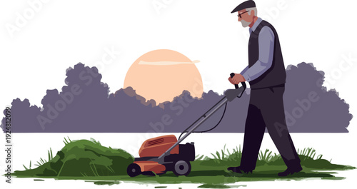 Elderly Man Mowing Lawn Sunset Outdoor Green Yard Flat Design Vector