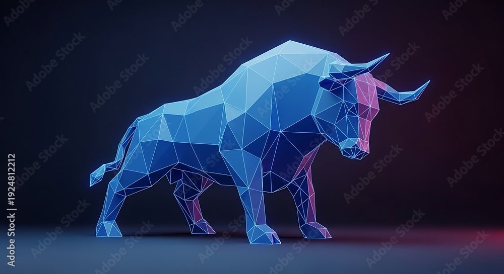 Obraz premium Blue polygonal bull sculpture with neon glow representing a bullish market trend