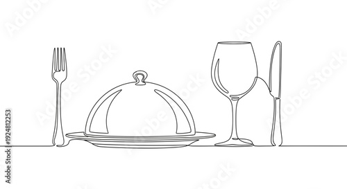 Minimalist Line Art: Elegant Dining Setting with Fork, Cloche, Wine Glass, and Knife