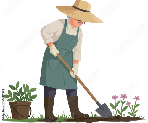 Elderly Woman Gardener in Apron Digging Soil with Shovel and Watering Can