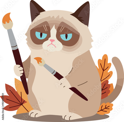 Grumpy Cat Artist Holding Paintbrushes With Autumn Leaves Flat Vector