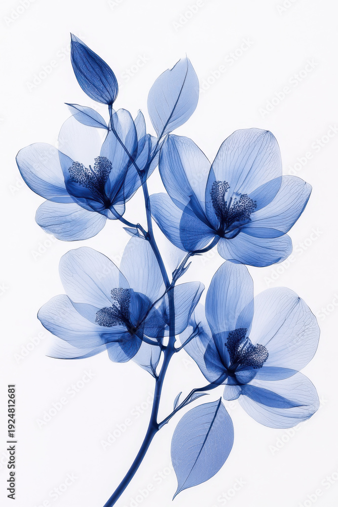 Obraz premium Delicate blue flower translucent petal botanical art floral silhouette x ray style minimal design white background fine line detail modern decor nature closeup graceful delicate blue flower with