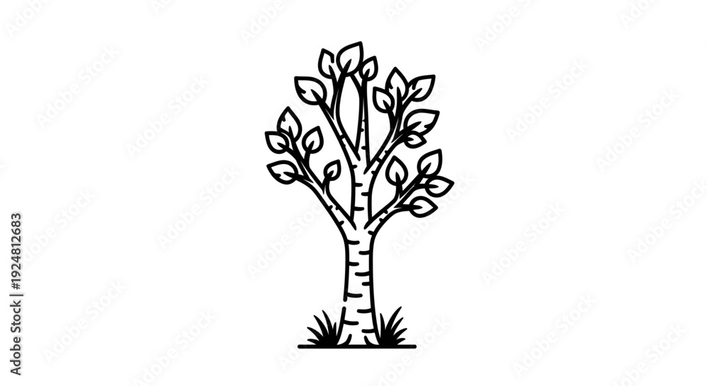 Obraz premium Minimalist Birch Tree Icon with Leaves and Grass, Simple Black and White Line Art