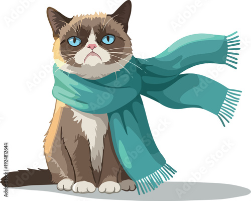 Grumpy Cat With Scarf Pixel Art Vector Illustration