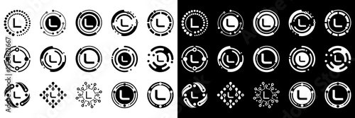 Abstract letter L logo collection with clean circular tech shapes, orbital lines, and digital style. Designed for modern businesses, AI brands, and tech industries.