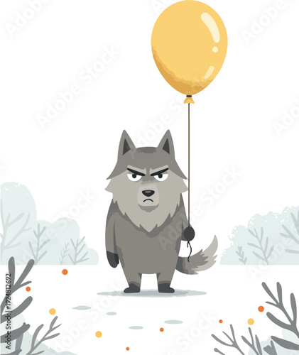 Grumpy Wolf Holds Yellow Balloon in Snowy Landscape Pixel Art