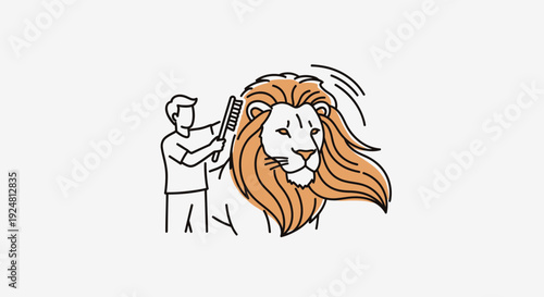 Man Brushing Lion's Mane - Creative Concept of Care, Grooming, and Unconventional Services