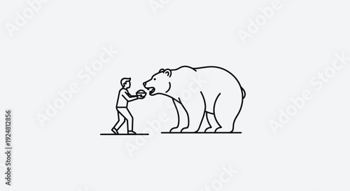 Man feeding a bear from hand, minimalist line art illustration, concept of trust and danger