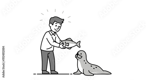 Man feeding a seal with a fish, cartoon illustration