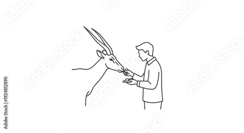 Man feeding antelope by hand in a minimalist line art illustration