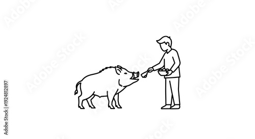 Man feeding a wild boar with a spoon from a bowl, line art illustration