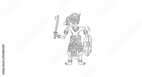 Indonesian Wayang Kulit Shadow Puppet Warrior with Sword and Shield, Line Art