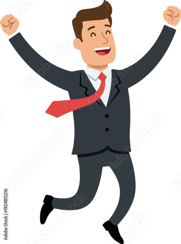 Joyful Businessman Jumps in Celebration Dark Suit Red Tie White Shirt Isolated