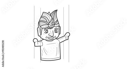 Indonesian Wayang Puppet Character with Traditional Headdress, Cartoon Style