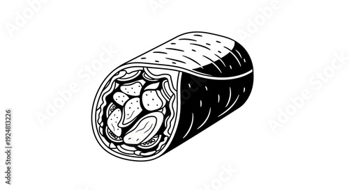Hand Drawn Black and White Illustration of a Delicious Burrito