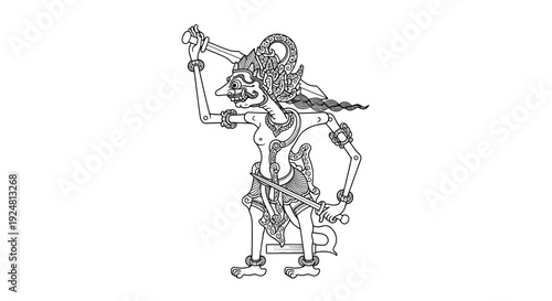 Javanese Wayang Kulit Shadow Puppet, Traditional Indonesian Art, Outline Drawing