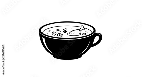 Hand-drawn illustration of a bowl of chicken soup with a drumstick and herbs