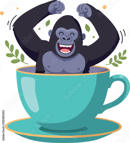 Joyful Gorilla in Teal Cup with Leaves and Confetti