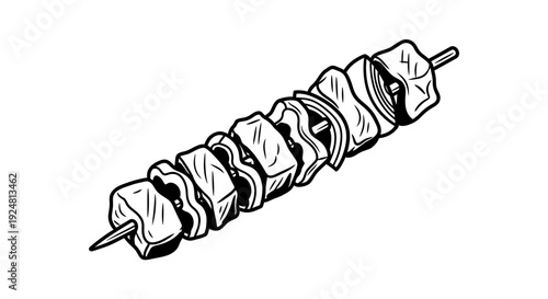 Hand-drawn illustration of a meat and vegetable skewer, perfect for food blogs and culinary designs.