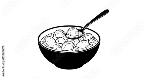 Hand-drawn illustration of a hearty stew with dumplings and chicken in a bowl, spoon lifting a dumpling.