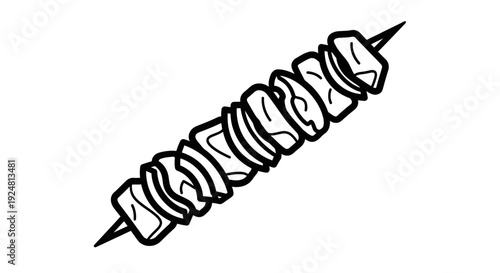 Hand-drawn illustration of a meat skewer with cubes of meat on a stick, isolated on white background.