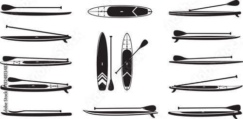Collection of various paddleboard and oar illustrations in black