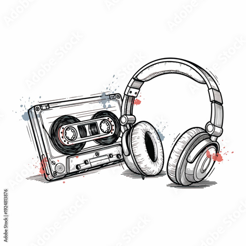 Retro audio cassette tape isolated on white background with vintage music and analogue sound style vector illustration