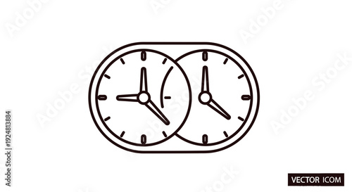 Dual Clock Icon, Time Zones, Business Travel, World Time, Vector Graphic