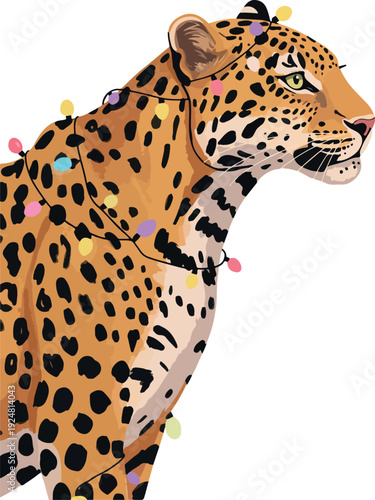 Leopard Wearing Colorful Christmas Lights Festive Jungle Animal