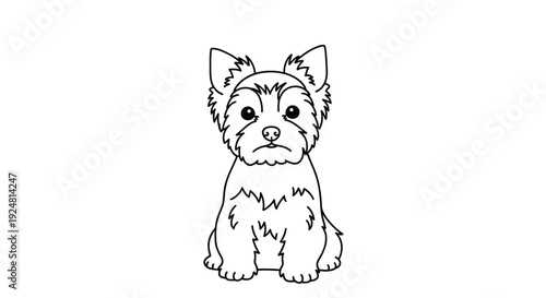 Cute Yorkshire Terrier Dog Sitting, Cartoon Style, Line Art Illustration
