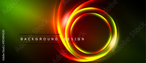 Abstract vibrant design features concentric circles. Gradient blends green, yellow, orange, red. Dark background enhances luminosity. Modern aesthetic.