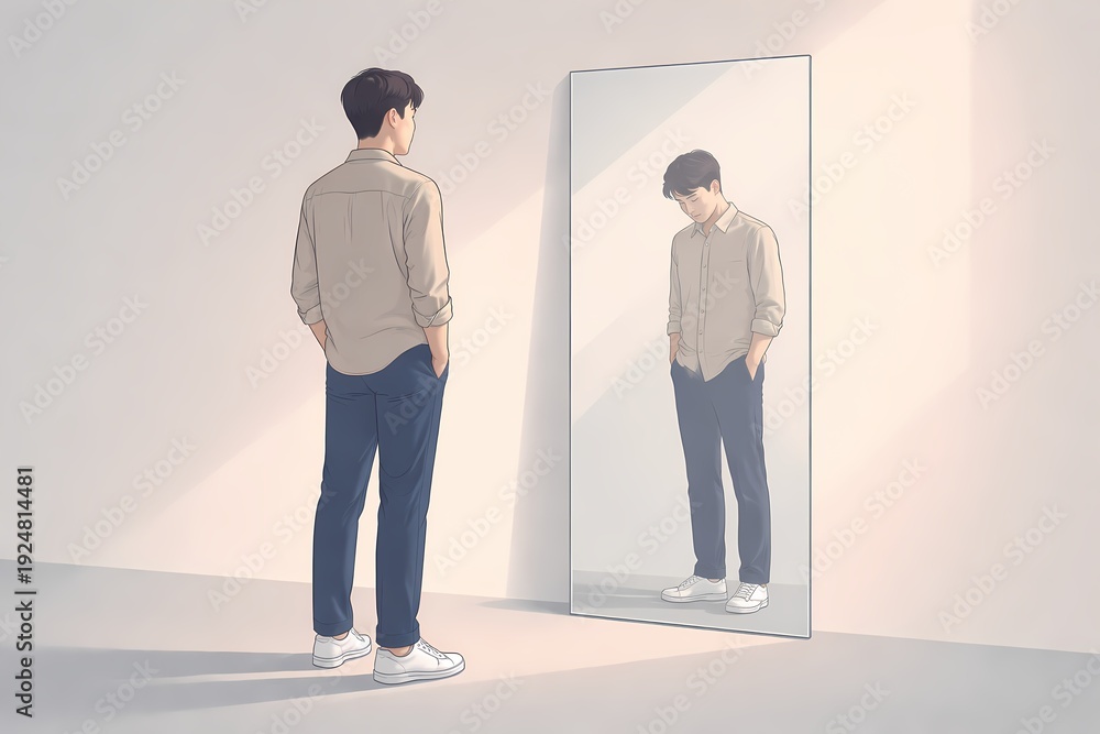 Fototapeta premium A man stands before a mirror while his reflection looks down, symbolizing inner conflict, insecurity, social pressure, and the gap between appearance and reality.