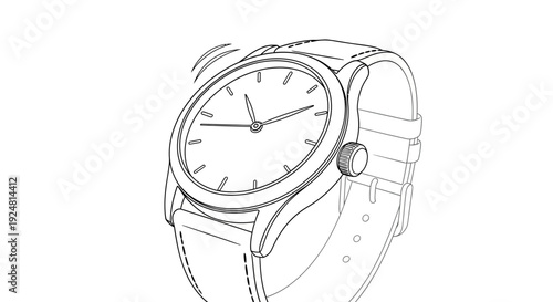 Close-up sketch of a classic wristwatch with a leather strap, showing time and ringing.
